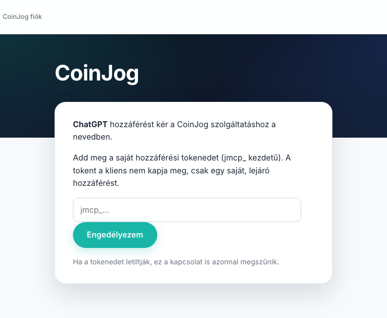 A CoinJog belépés tokennel: mező a jmcp_ kezdetű tokennek és Engedélyezem gomb