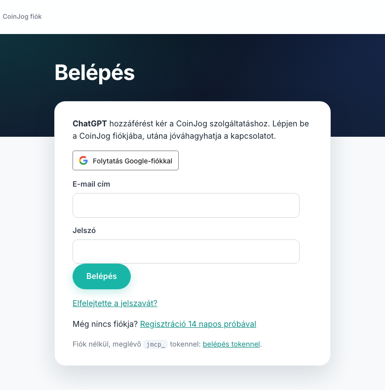 A CoinJog belépő oldala: a ChatGPT hozzáférést kér a CoinJog szolgáltatáshoz; belépés Google-fiókkal vagy e-mail címmel és jelszóval, alatta a belépés tokennel lehetősége
